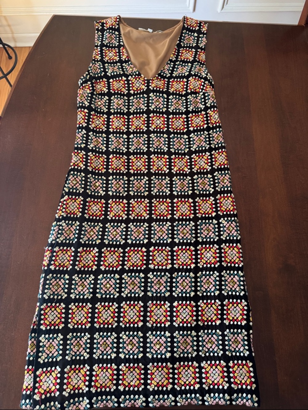 Tracy Reese Black Dress with Multicolor Embroidered Grid